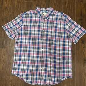 ST JOHNS BAY NAVY OLIVE PURPLE PLAID BUTTON DOWN COLLAR POCKET SHORT SLEEVE